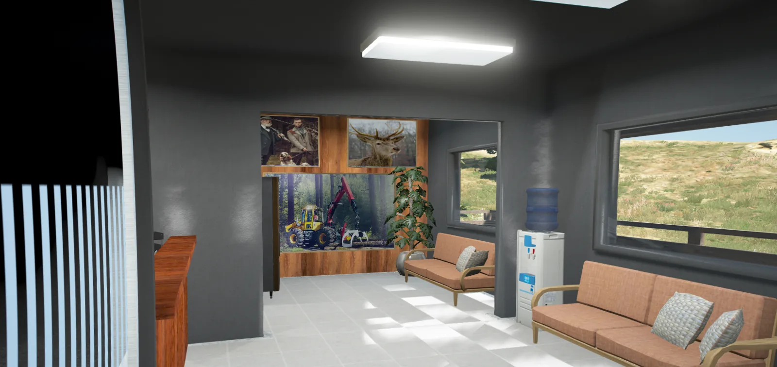 Wartebereich mit Sofas, Wasserspender und Bildern an der Wand