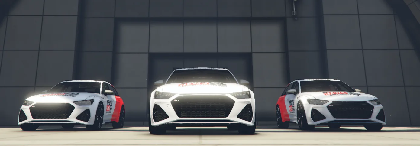 Drei weisse Audi RS6 von Weazel News nebeneinander